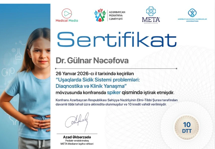 “Uşaqlarda Sidik Sistemi problemləri: Diaqnostika və Klinik Yanaşma” konfransının Dr. Gülnar Nəcəfovaya verilmiş spiker sertifikatı, 26 yanvar 2026